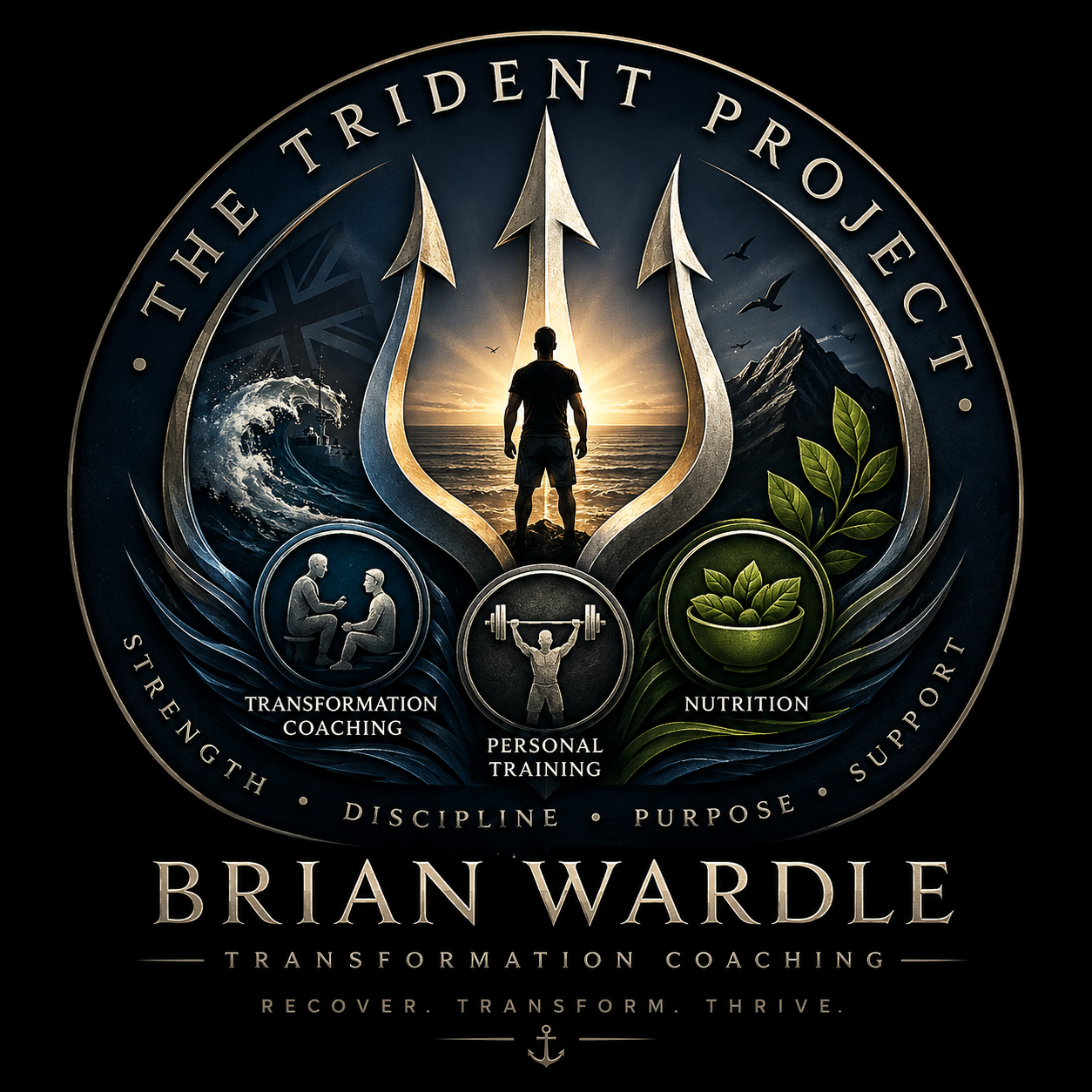 The Trident Project crest — a silver trident with a silhouette at sunrise above the three pillars of Transformation Coaching, Personal Training and Nutrition